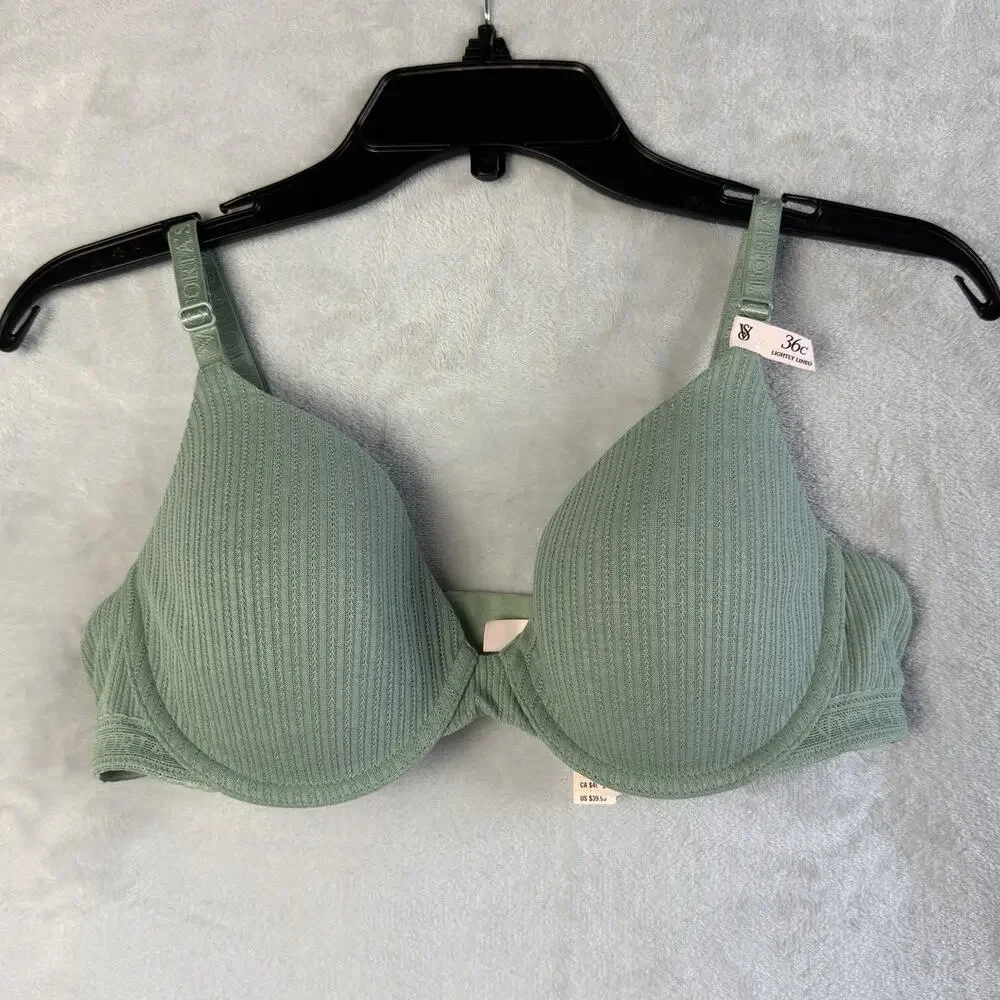 Victoria’s Secret Lightly Lined T-Shirt Bra 36C Sage Green Ribbed New With Tags - Picture 1 of 11